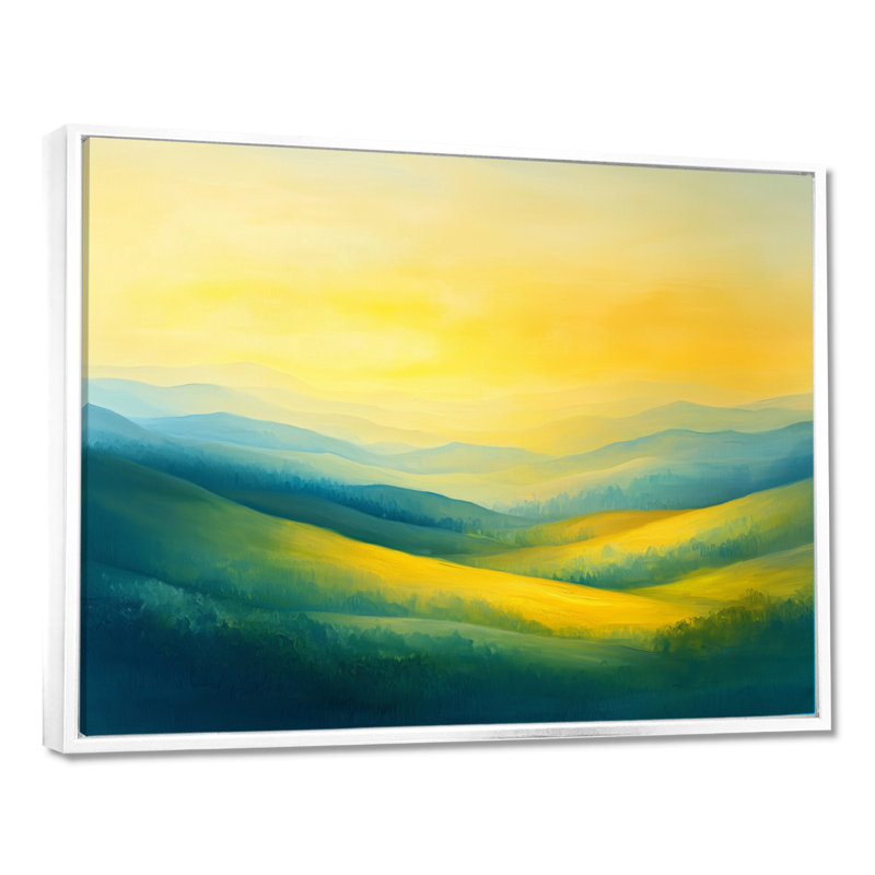 «Rolling Hills At Dawn II», campagne, H 24 po x l 32 po, Cadre flottant, Blanc