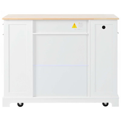 Îlot de cuisine cannelé avec armoire de rangement pour poubelle, prise de courant, 5 roulettes, 3 tiroirs, 3 supports latéraux ouverts pour poubelle de 10 gallons