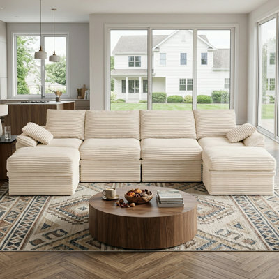 Canapé modulaire Boneless de style l 142 po, canapé d'angle en U 6 pièces avec rangement caché et 2 repose-pieds, canapé rembourré en velours côtelé minimaliste moderne pour le salon, siège très profond, assemblage facile requis