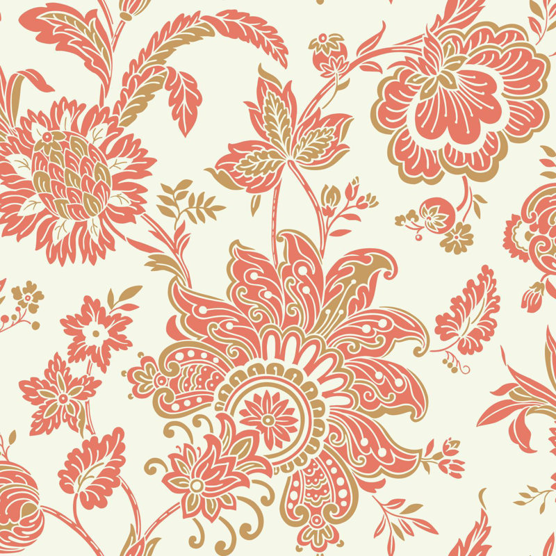 Aleza 33' x 20.5" Wallpaper, White / Coral / Golden Tan
