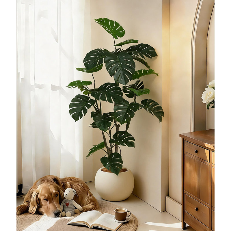 Bambou vert simulé à dossier tigré - Faux arbre décoratif fixé au sol pour le salon, 71.26" H x 39.37" W x 8.66" D, White