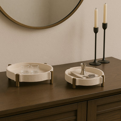 Modern Decorative Accent Tray for Home Decor - Stylish Round Tray for Coffee Table, Jewelry, Kitchen, or Trinket - Set of 2, 14", 11", Beige & Gold