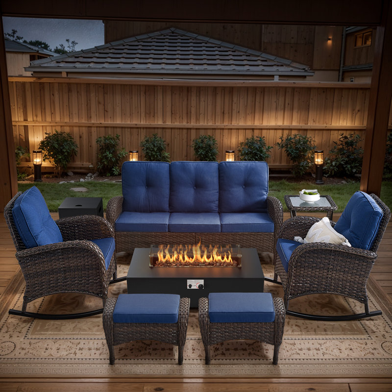 Esquer 7-Piece Outdoor Wicker Nighttime Conversation Set With Rocking Chairs, Ottomans And Fire Pit Table, Blue, Brown