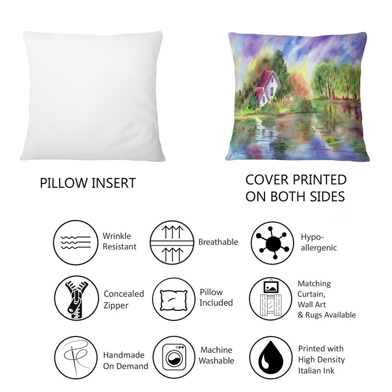 «Vibrant And Poetic Landscape, A House River, Trees - Coussin décoratif à imprimé champêtre 1