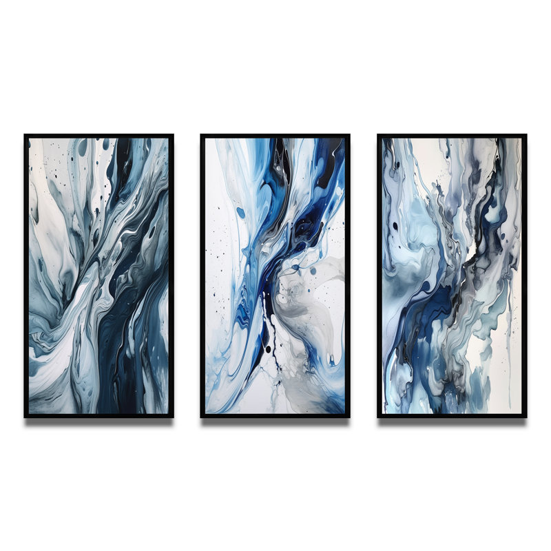 Ensemble de 3 toiles bleues et grises bleu et gris - Elixir bleu et gris, H 20 po x l 36 po, Cadre flottant noir