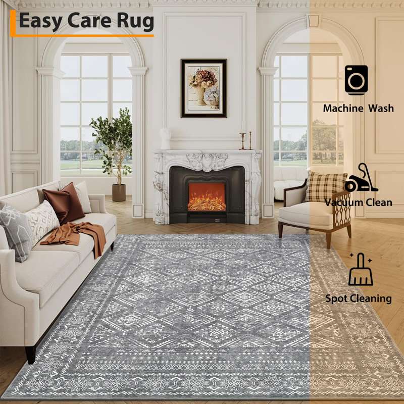 Machine  Washable Vintage Rug Non Slip Non Shedding Low Pile Rug Soft Floral Distressed Throw Floor Cover Foldable Indoor Carpet for Living Room Dining Room Bedroom Playroom Nursery