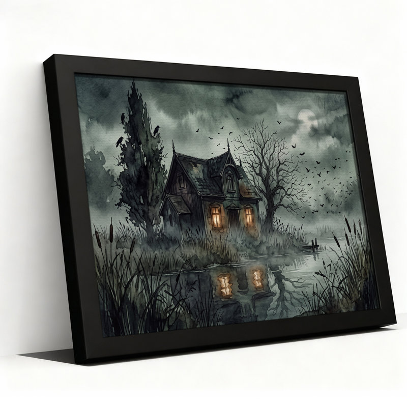 «Haunted House Reflection in Moonlit Swamp», art mural sur toile, H 16 po x l 24 po