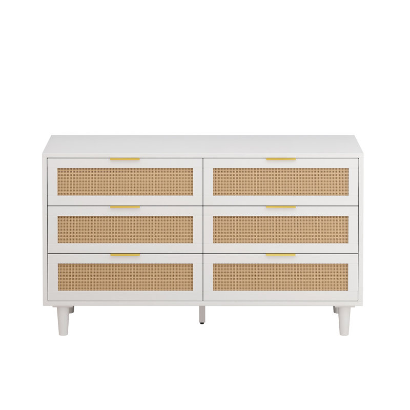 6-Drawers Rattan Storage Cabinet Rattan Drawer, White, 29.53" H x 43.31" W x 15.75" D