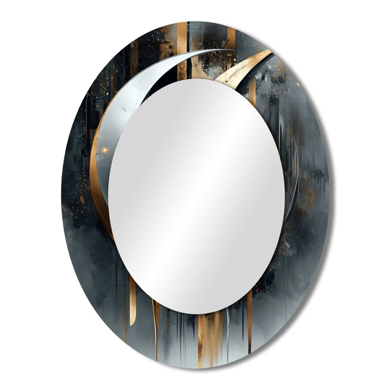 Formes et lignes abstraites noires et dorées III - Grand miroir mural ovale sur métal, 43 po x 33 po