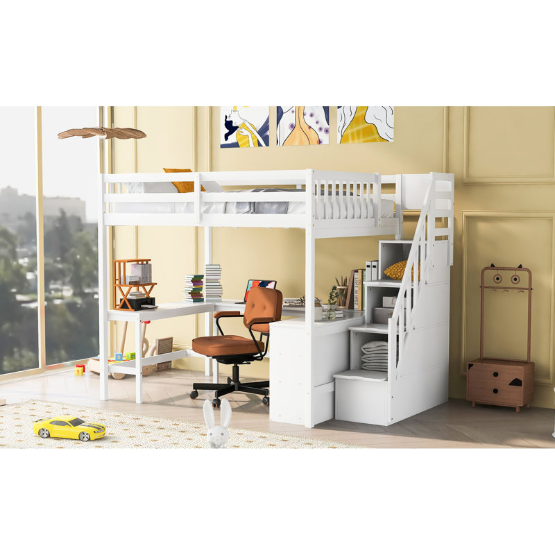Lit mezzanine double blanc avec bureau en L, rangement et escalier - Solution pratique intégrée pour meubles de chambre à coucher