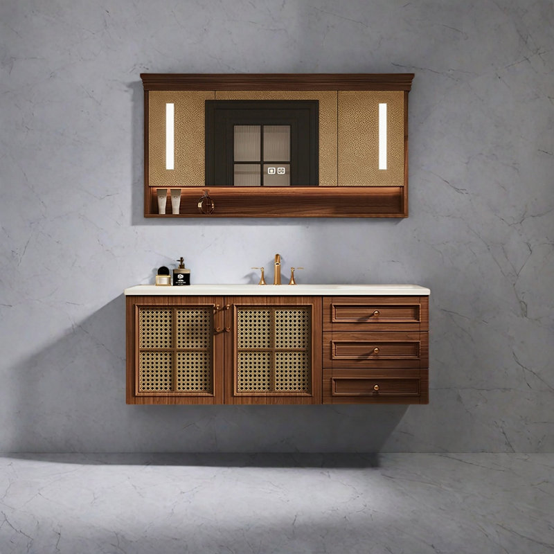 Retro-style rattan bathroom cabinet, 21.65" H x 47.24" W x 21.65" D