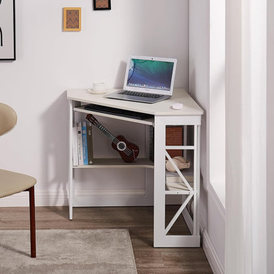 White Corner Computer Desk – Home Office Workstation With Smooth Keyboard Tray & Multi-Tier Storage Shelves