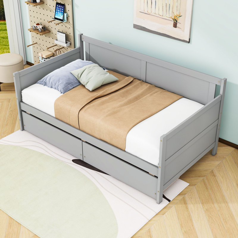 Lit de jour simple en bois 2 tiroirs, Gris
