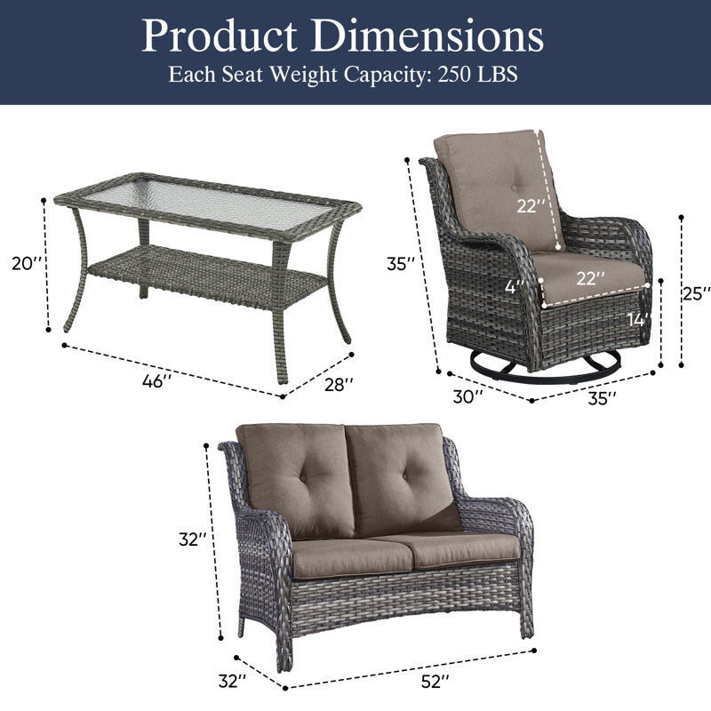 Carolina 4-Person Square Outdoor Conversation Set With Loveseat And Swivel Glide Chair, Gray, Gray