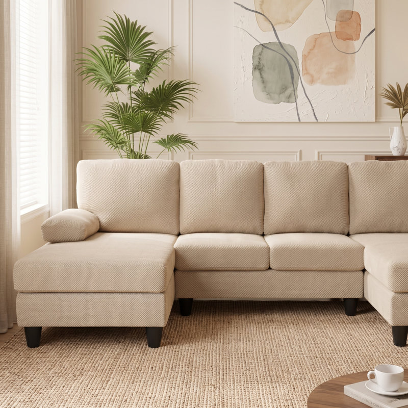 Canapé d'angle moderne en forme de U de 104 pouces avec deux méridiennes et tissu texturé à picots, Chameau