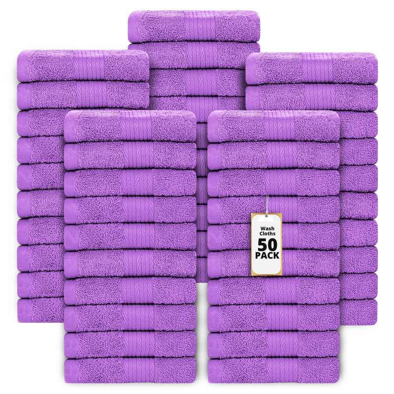 100% Cotton 600 GSM Washcloths 12 X 12 Inch Soft Absorbent, Quick Drying, Purple, Washcloths- 50 Pack