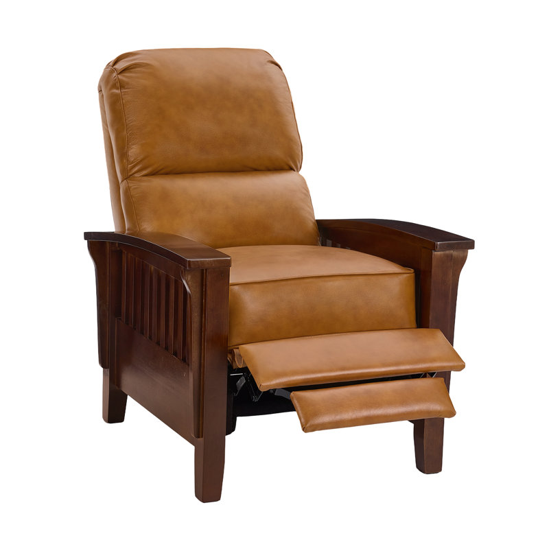 Fauteuil inclinable en cuir de style mission avec accoudoirs en bois massif, Brun whisky