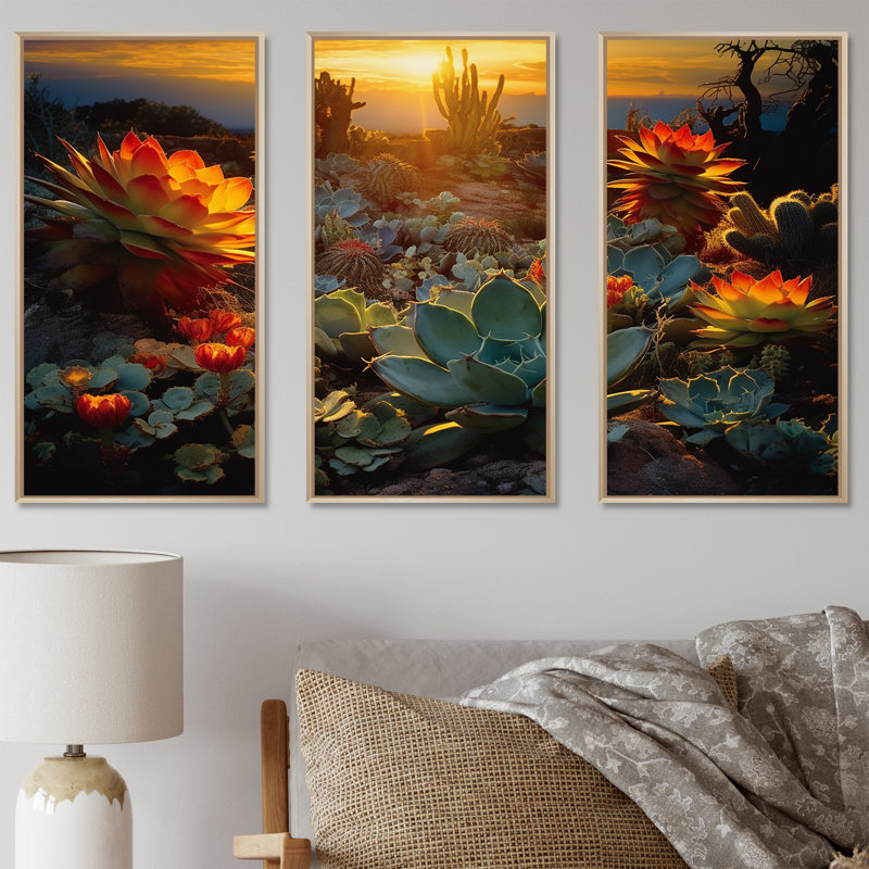 «Succulent Desert Cactus Field Burning Sunset» - ensemble d'art mural succulent, H 28 po x l 36 po x P 1 po
