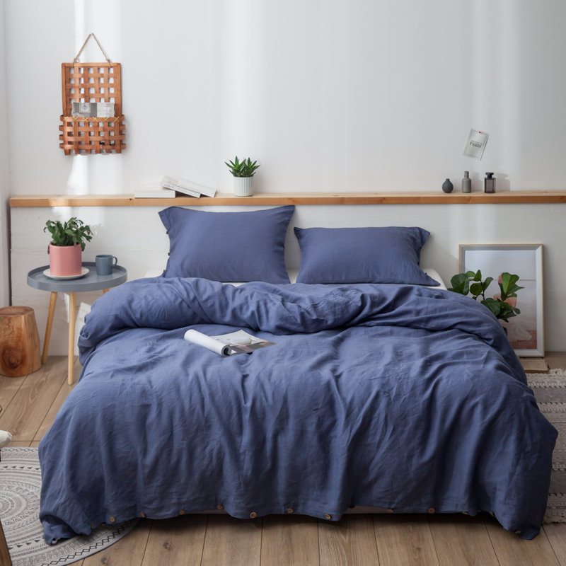 Duvet Cover Set-Button Loop, Queen Duvet Cover + 2 Standard Shams, Classic Blue