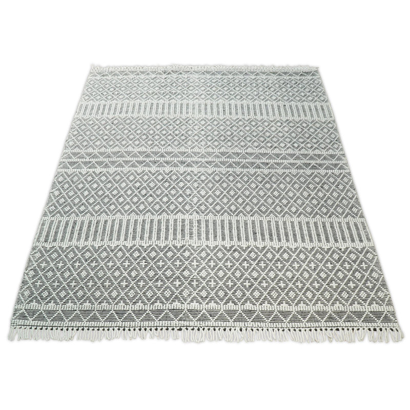 Tapis gris / ivoire en laine tissé à plat à la main à motif géométrique, Rectangle 4 pi x 6 pi