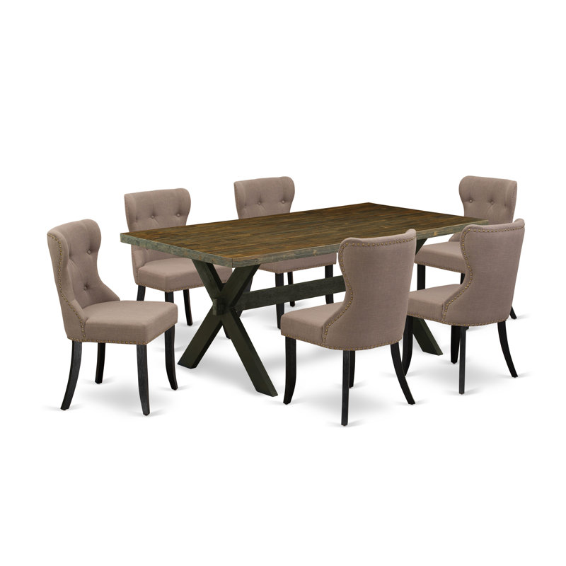 Ensemble de salle à manger 7 pièces composé d'une table de salle à manger rectangulaire avec pieds en X et 6 chaises Parson rembourrées en tissu de lin, noir brossé