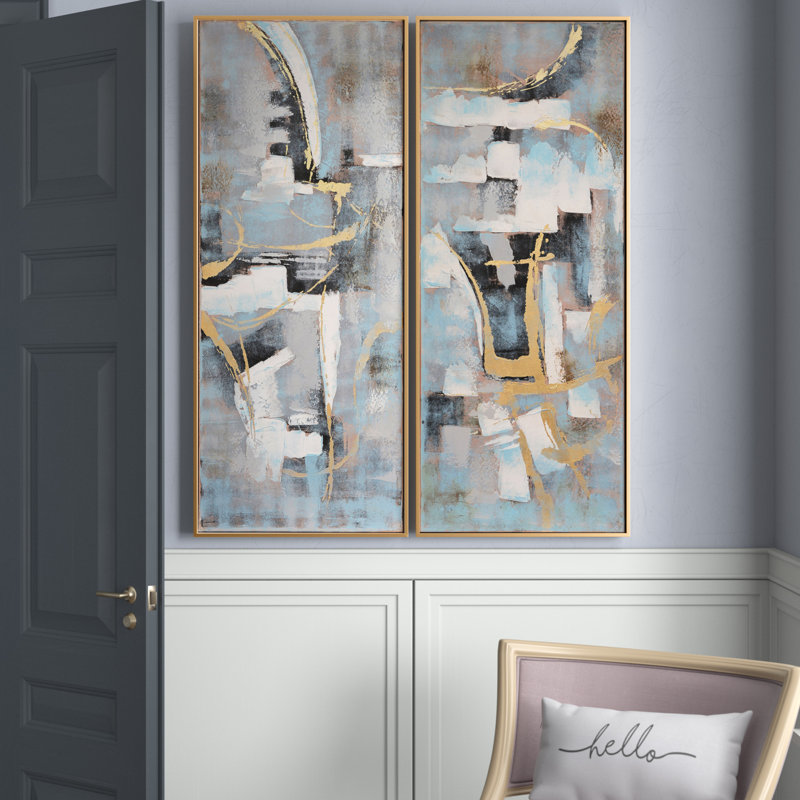 51" x 21" Blue and Gold Abstract Oil Painting on Canvas