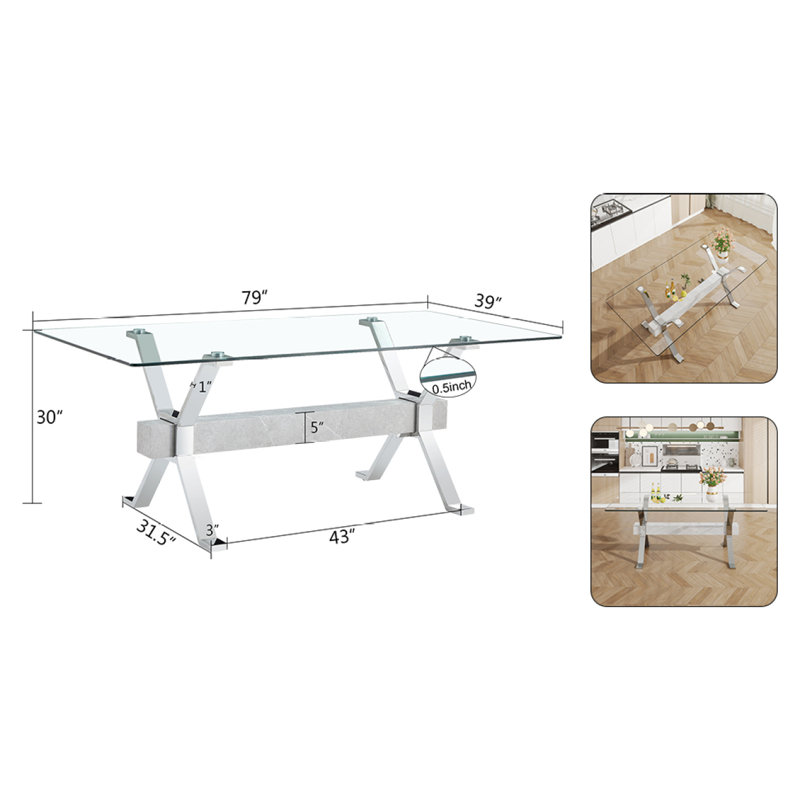 Table de salle à manger rectangulaire Kaspen, L 79 po x l 39 po, Argent - noir