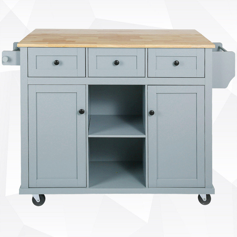 Kitchen Island with Solid Wood Drop-Leaf & 3 Storage Drawers, Gray Blue