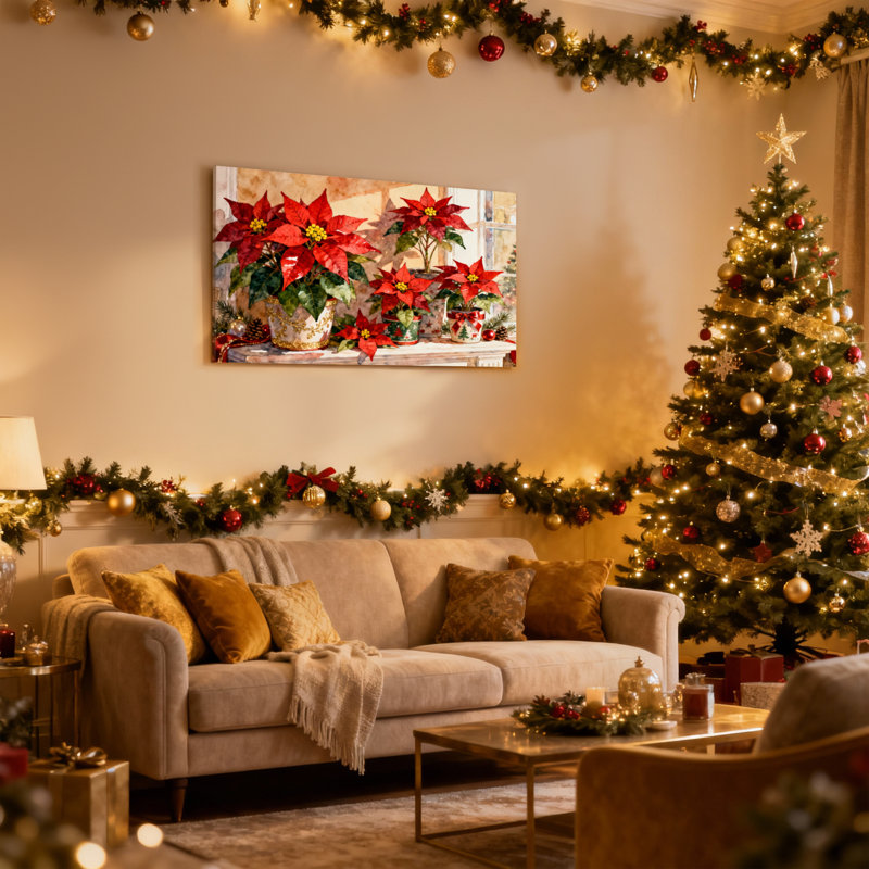 Plantes de poinsettia de Noël dans un pot décoratif, rebord de fenêtre, ensemble de 3 impressions d'art sur toile