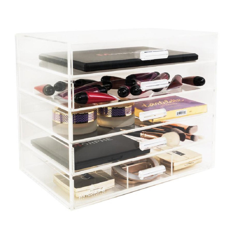 5 Tier Acrylic Makeup Organizer with Removable Six Section Dividers Elegant Cosmetic Holder Knobs
