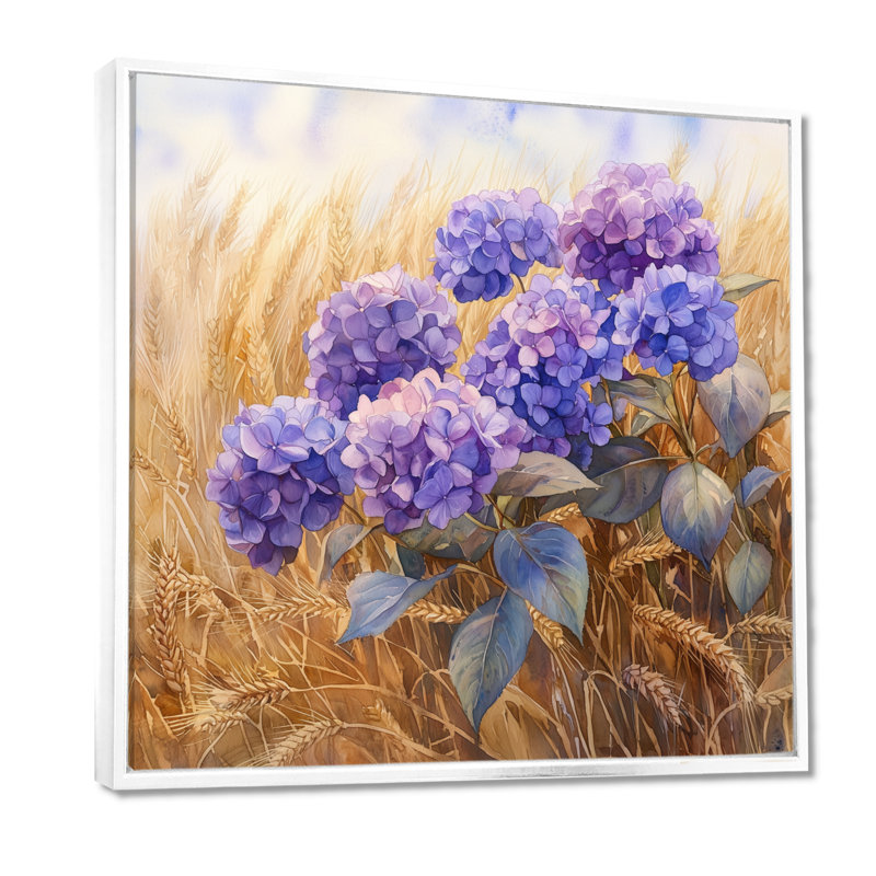 Hortensias dans le champ de blé - art mural hortensias, Impression encadrée flottante, H 16 po x l 16 po, Blanc