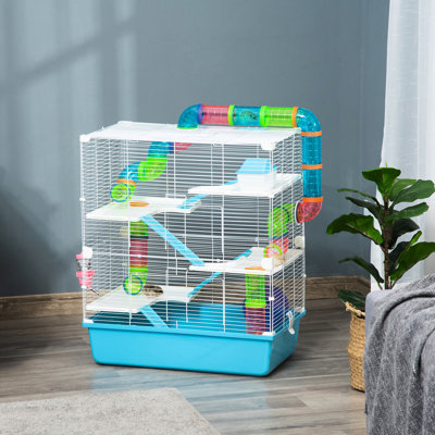 Maisonnette 23 po pour hamster - 5 avec tubes, tunnels et cabane, très grand, grandes poignées de cage bleues, portable