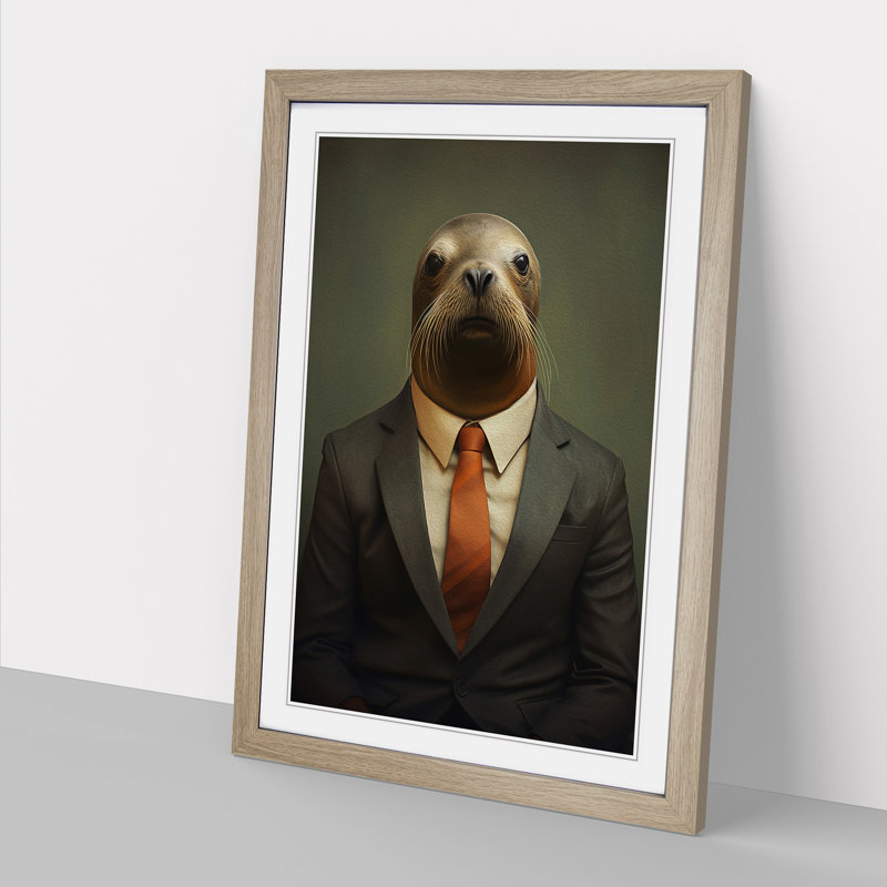 Sea Lion in a Suit Painting - Framed Print, Oak , 34cm H x 25cm W x 2cm D