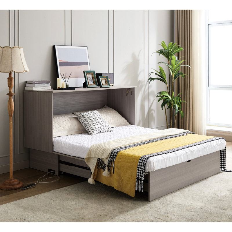 Grand lit avec compartiment de rangement, matelas pliant et plaque de charge, armoire convertible grise, gris, espace
