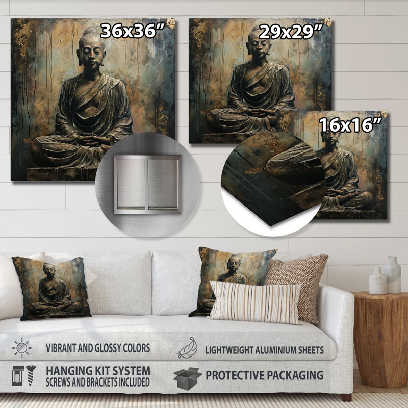Bouddha rétro, art bleu argenté, Métal métal, H 16 po x l 16 po x P 1 po