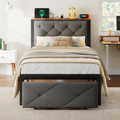 Bed Frame With 2 Drawers, Metal Platform Bed With Charging Station And Linen Fabric Storage Headboard Strong Metal Slats