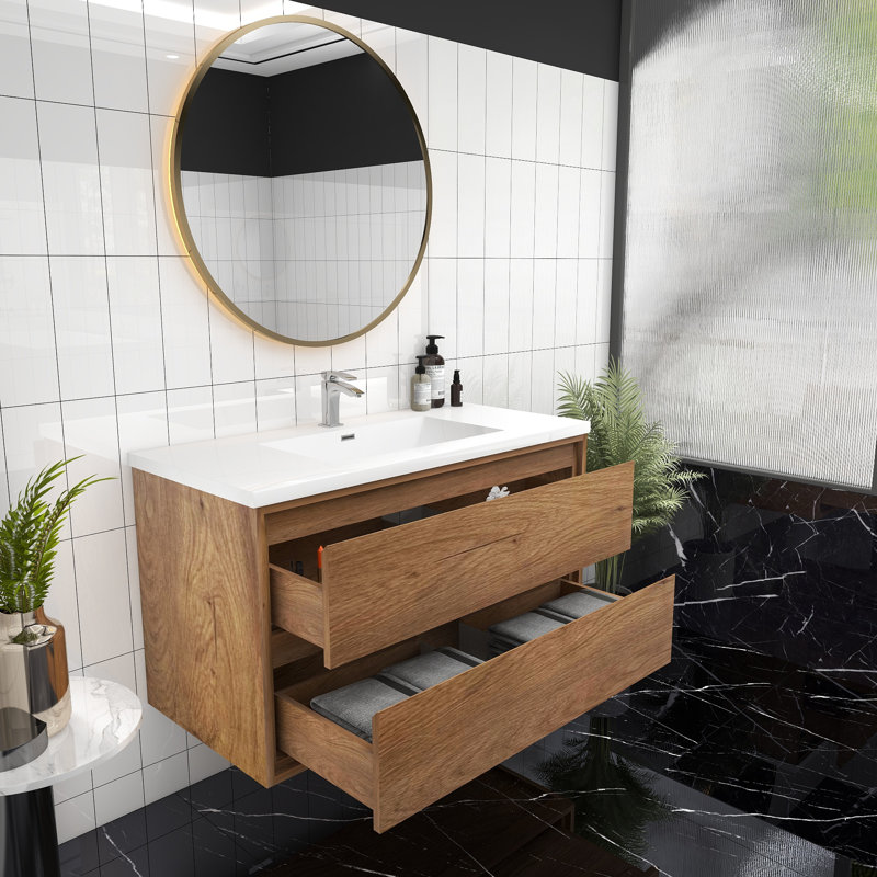 Meuble-lavabo mural simple l 41,5 po x P 19,6 po x H 21,75 po Castlereagh, Teck chêne