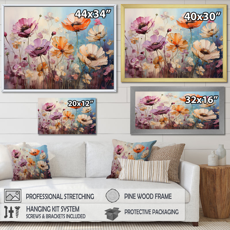 «Meadow Impressionistic Blooms» sur toile, Cadre photo blanc, H 16 po x l 32 po x P 1 po