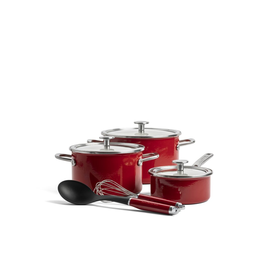 KitchenAid Stahlkern-Emaille 5-teiligen Kochtopf Set, Empire Rot