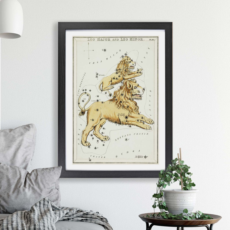 Astronomical Zodiac Chart Of The Leo Constellation - Single Picture Frame Print, 45cm H x 63cm W x 2cm D, Black