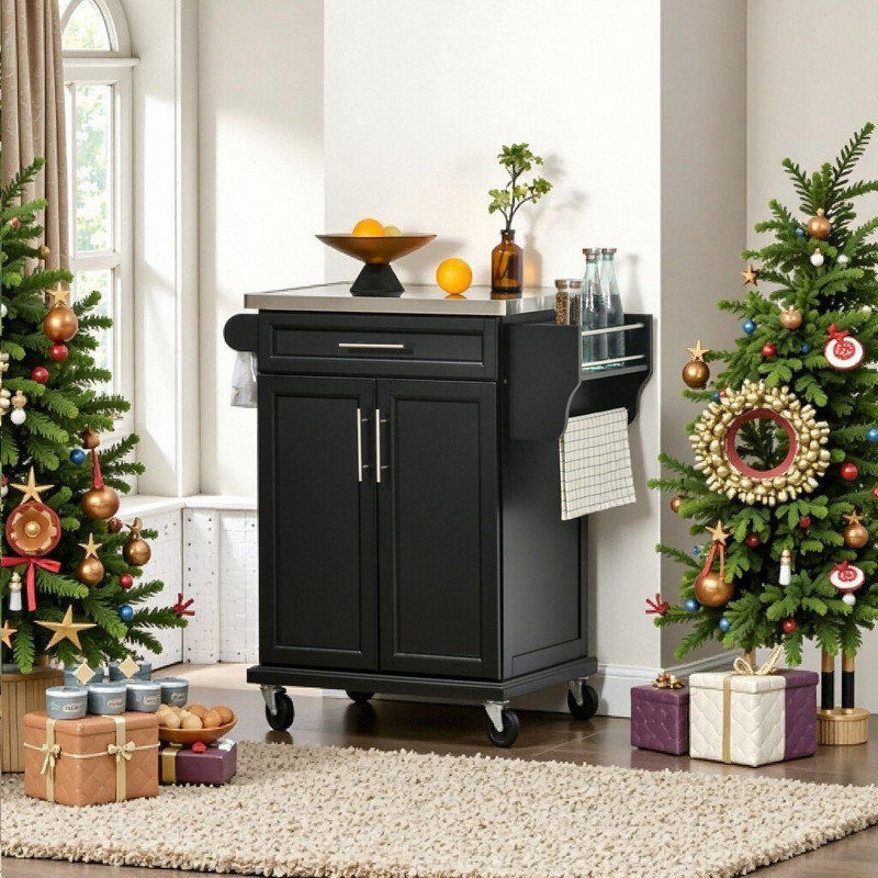 Mobile Kitchen Island with Stainless Steel Countertop, Drawer, Spice & Towel Racks, and Wheels