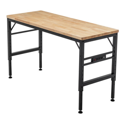 Établi à hauteur réglable, poste de travail robuste en bois d'hévéa de 60 po avec prises de courant, table de travail en bois franc d'une capacité de charge de 2000 lb pour atelier, garage, bureau, maison