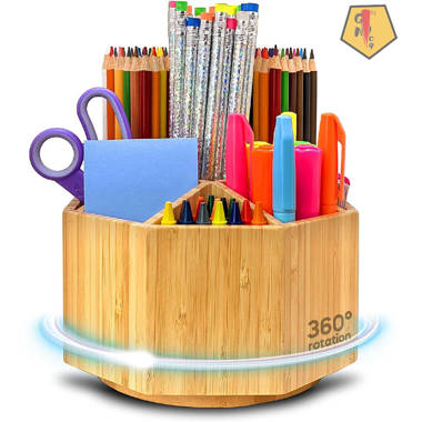 Bamboo Rotating Art Supply Organizer 7 Sections Hold 350+ Pencils School Supplies Organizer for Pen Colored Pencil Art Brushes Desktop Storage