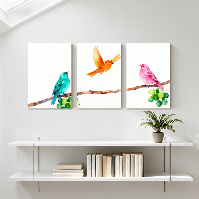 Oiseaux colorés sur une branche avec des raisins, ensemble de 3 impressions sur toile, H 24 po x l 48 po
