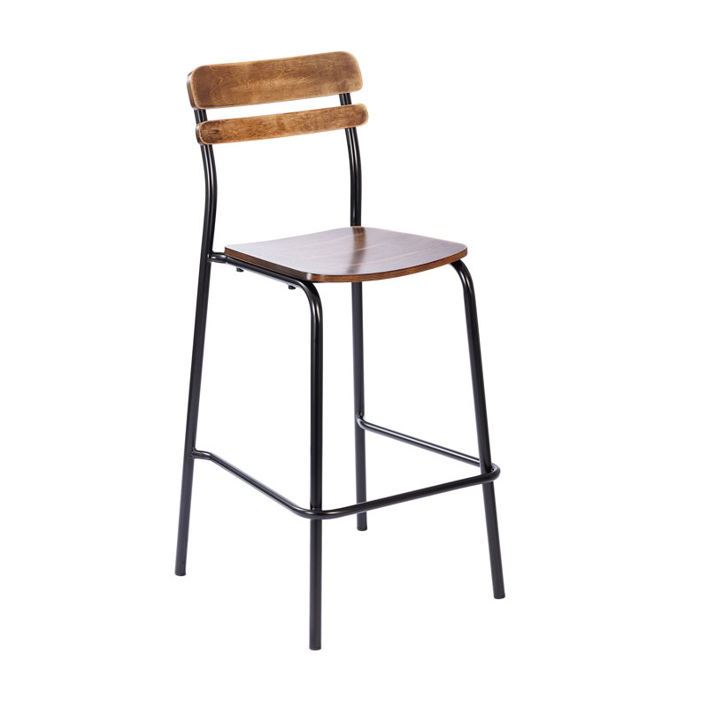 Commercial Solid Wood Bar Stool With Frame And Antique Finish, Brown/Antique Black