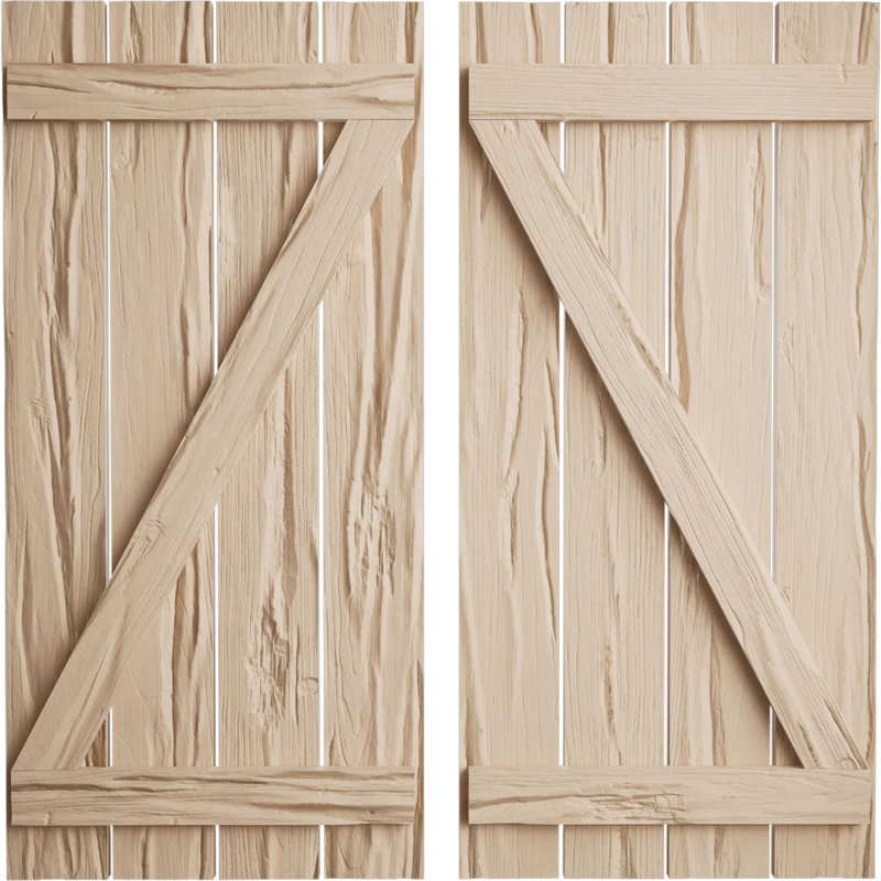 Rustic Four Board Spaced Board-n-Batten Faux Wood Shutters w/Z-Board (Per Pair), 24'' H x 23.5'' W x 1'' D, 23"