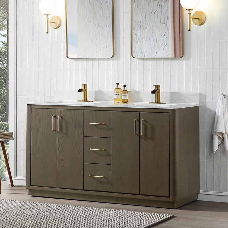 60" Free Standing Double Bathroom Vanity with Quartz Top, Gray
