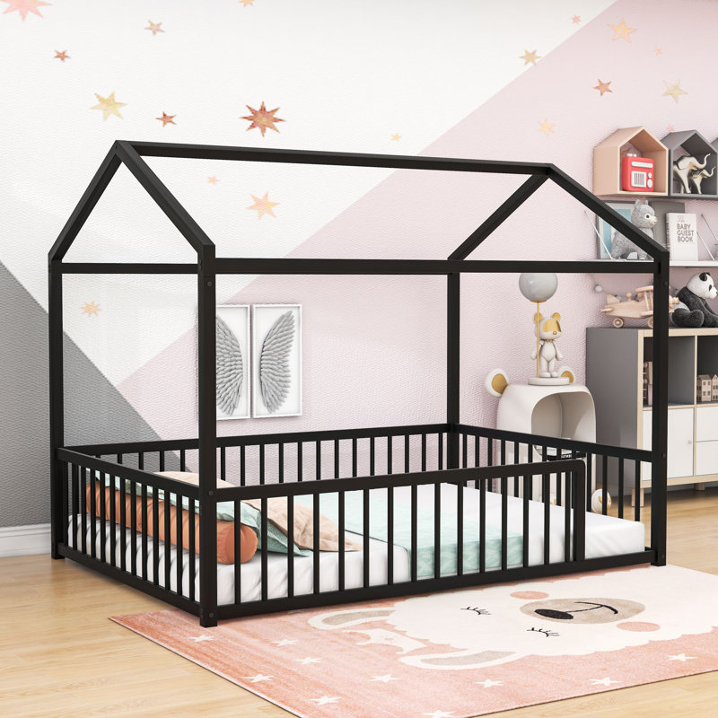Metal Floor Bed With Guardrails, House-Shaped Design, Black, Full