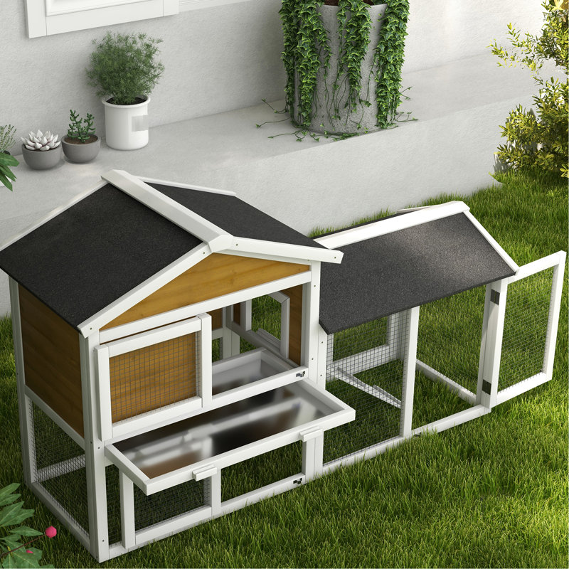 Cage en bois pour petits animaux de 58 po avec aire de jeu, toit en asphalte, plateau amovible, portes verrouillables et rampe stable pour animaux, portes, espace spacieux