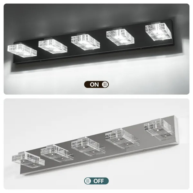 Éclairage pour meuble-lavabo à DEL moderne en chrome de 31 po à 5 lumières, luminaire mural carré en acrylique pour miroir de salle de bain, éclairage de maquillage (DEL intégrée, aucune ampoule requise)